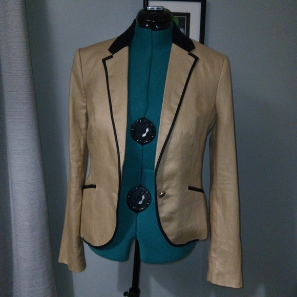 Mango Tan & Black One Button Linen Hourglass Blazer Sz 8 - Picture 10 of 11